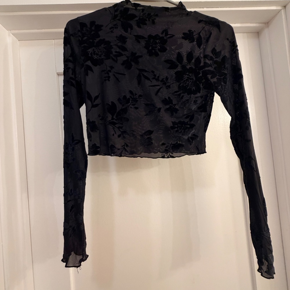 NLT Black Floral Velvet Mesh Crop Top Women S Stretch Whimsigoth Layering Fairy